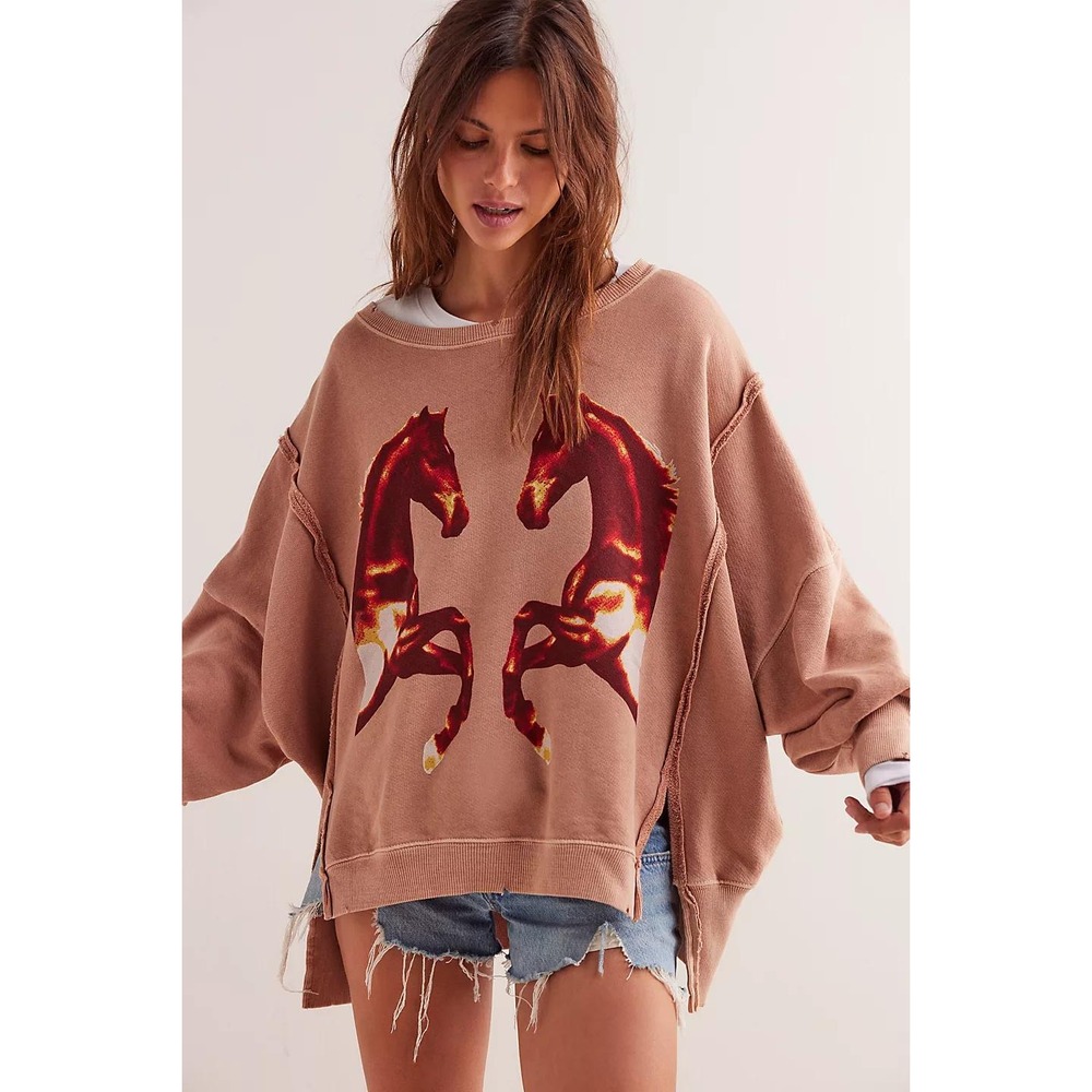 Free People WTF Sweatshirt Sz M Brown Western Horse Graphic Distress Relaxed Fit